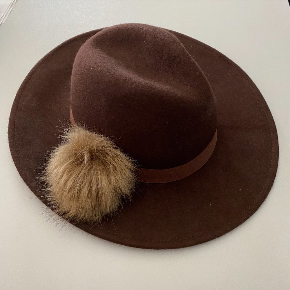 Women's Wide Brim Wool Hat Adjustable Fit and Furry Pom Detail
